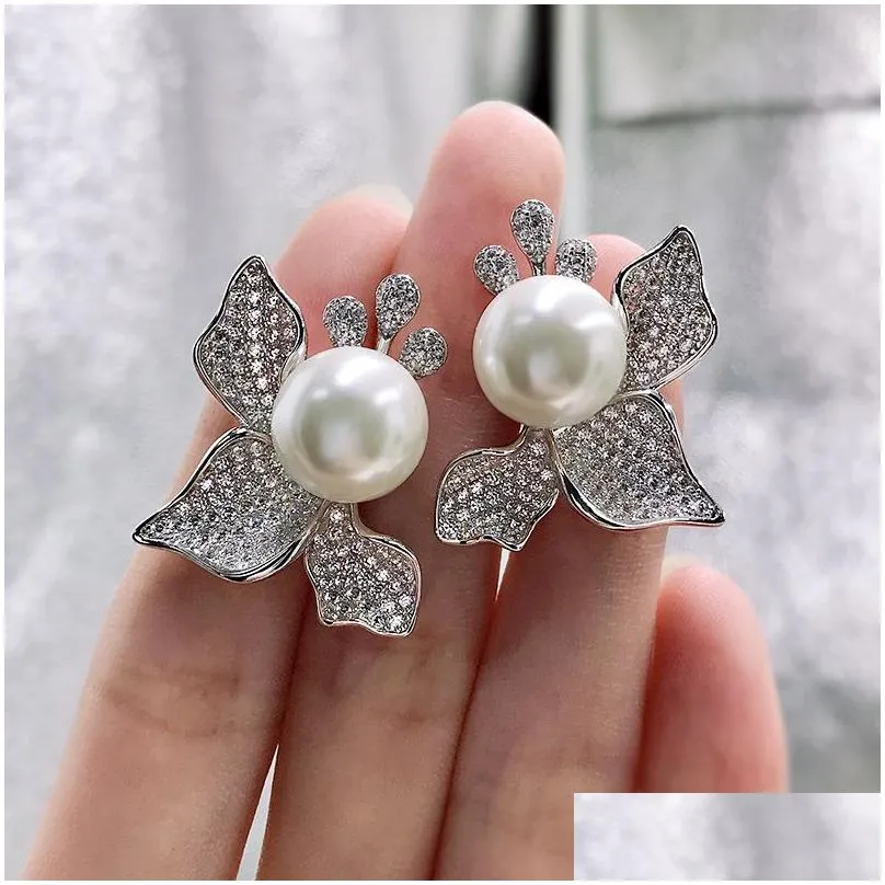 Flower Pearl Diamond Stud Earring 100% Real Sterling Sier Promise Wedding Earrings for Women Bridal Party Jewelry Gift