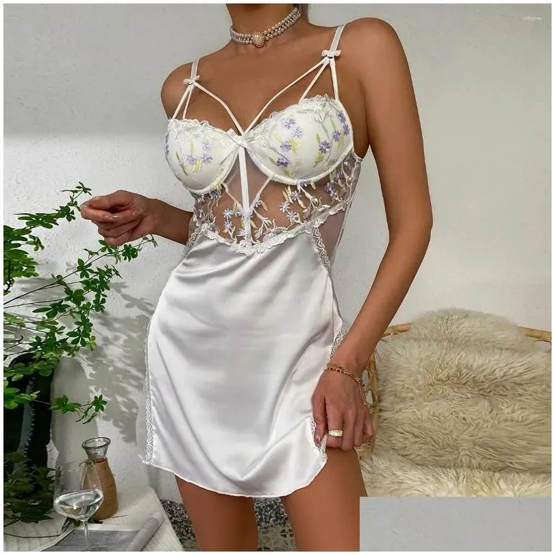 Women`s Sleepwear Sexy V-neck White Pajamas Slip Lace Floral Pattern Nightdress Silk Transparent Summer For Women Home Underwear