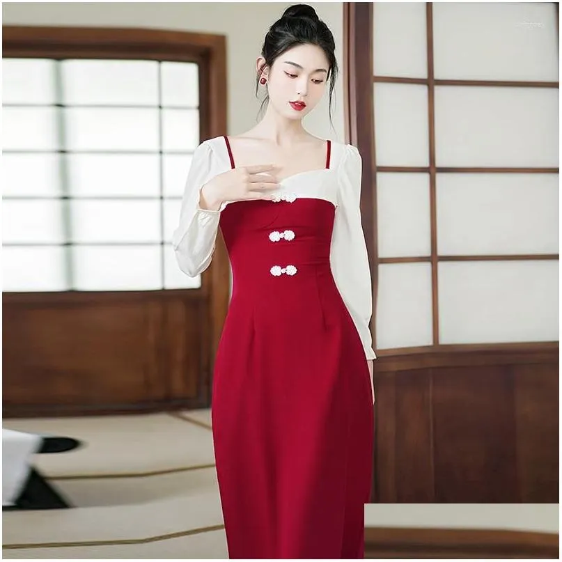 Casual Dresses Chinese Style Vintage For Women Long Sleeve Red Square Neck Elegant Temperament Dress Slim Fit Autumn Retro Vestidos