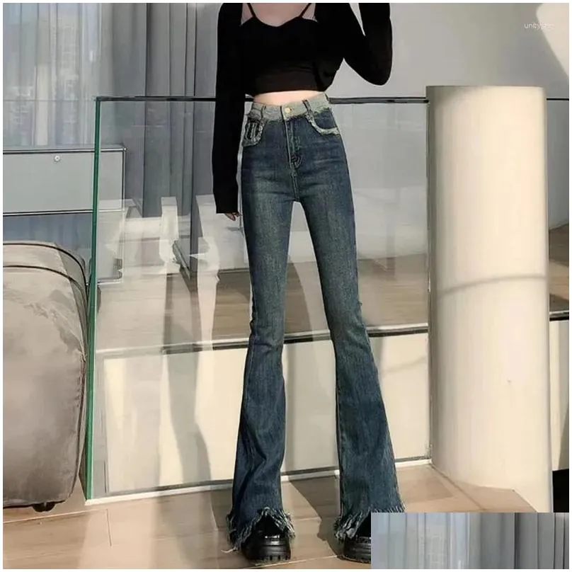 Women`s Jeans 2023 Autumn Black Flare Denim Pants Women Korean Fashion Tassel Design Wide Leg Woman American Retro High Waist Trousers