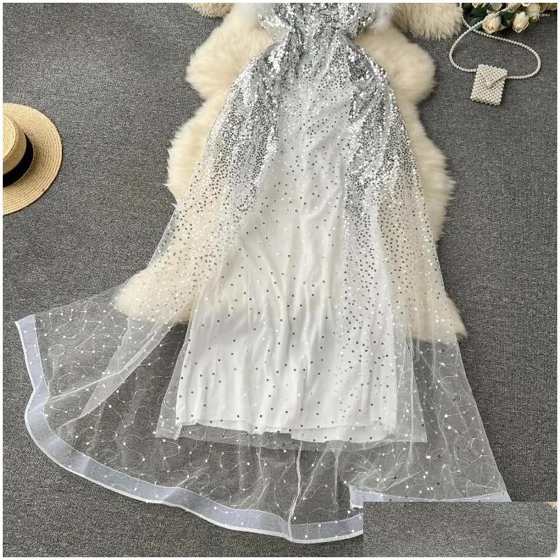 Casual Dresses Silver Sexy Club Elegant Fur Strapless Fairy Evening Dress Women Sleeveless Pink Sequins Mesh Slim Paty Long Summer