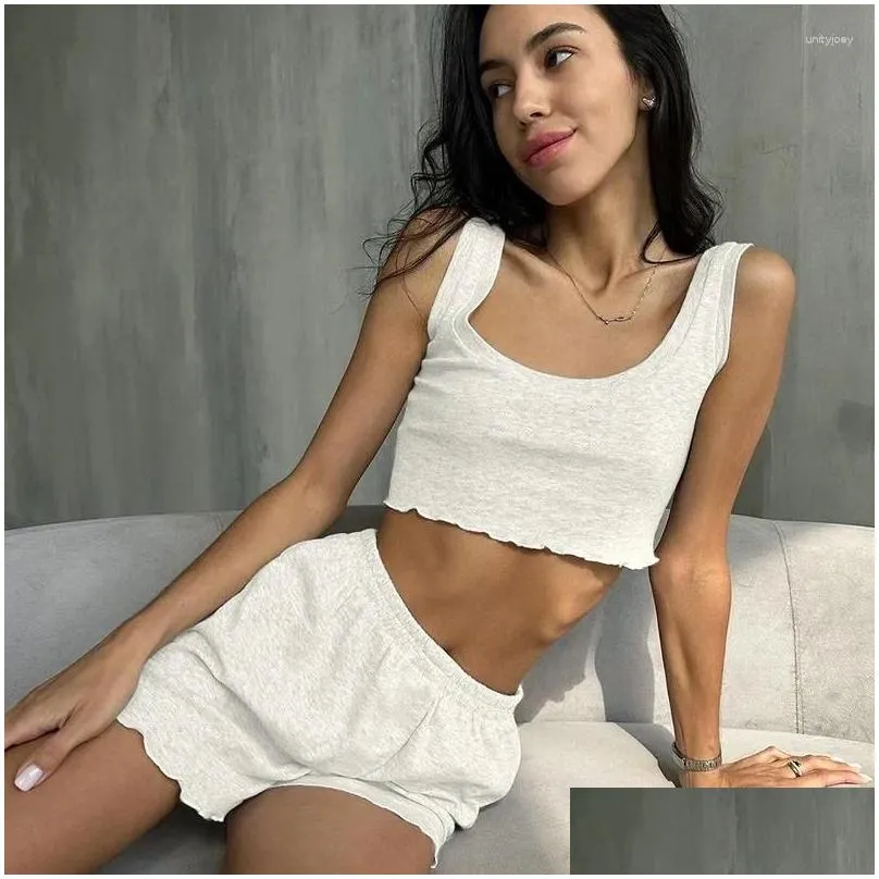 Women`s Sleepwear Sexy French Style Suspender Pajama Shorts With Exposed Navel Comfortable And Casual Solid Color Home Wear