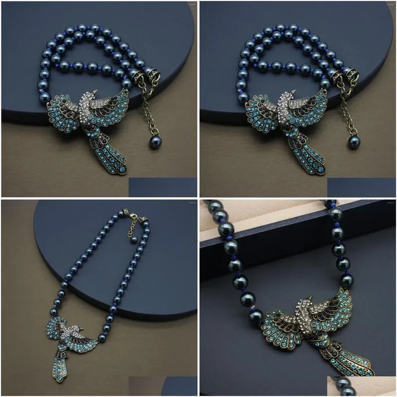 Pendant Necklaces Jewelry Luxury Hummingbird Glass Pearl Necklace High Grade Gray Marking Vintage Bronze Plated