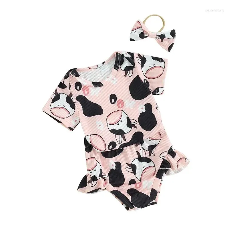 Clothing Sets Baby Girl Clothes Cow Print Short Sleeve Knit Romper Bodysuit Shorts Headband Set Summer Outfit