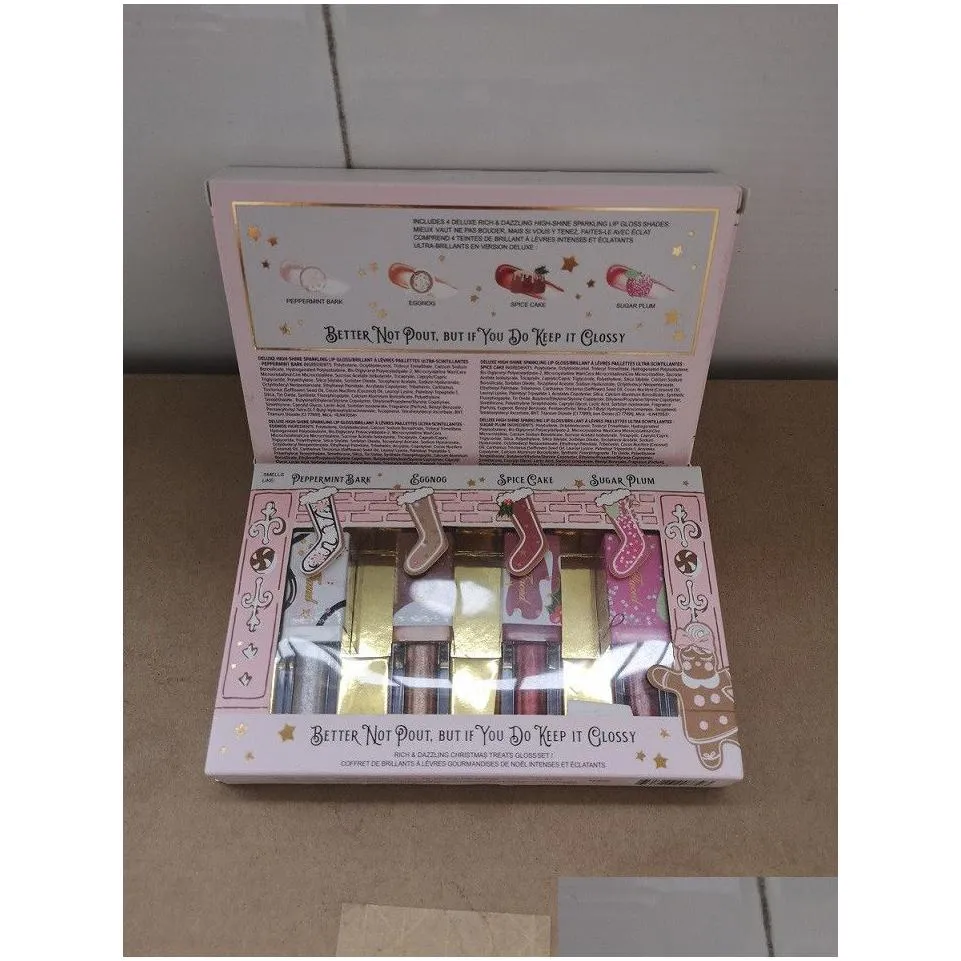 Christmas Lip Gloss Kit Limited Edition Liquid Lipstick Makeup Set in 4pcs Moisturizing Dazzling Shimmery Lipgloss Longwearing