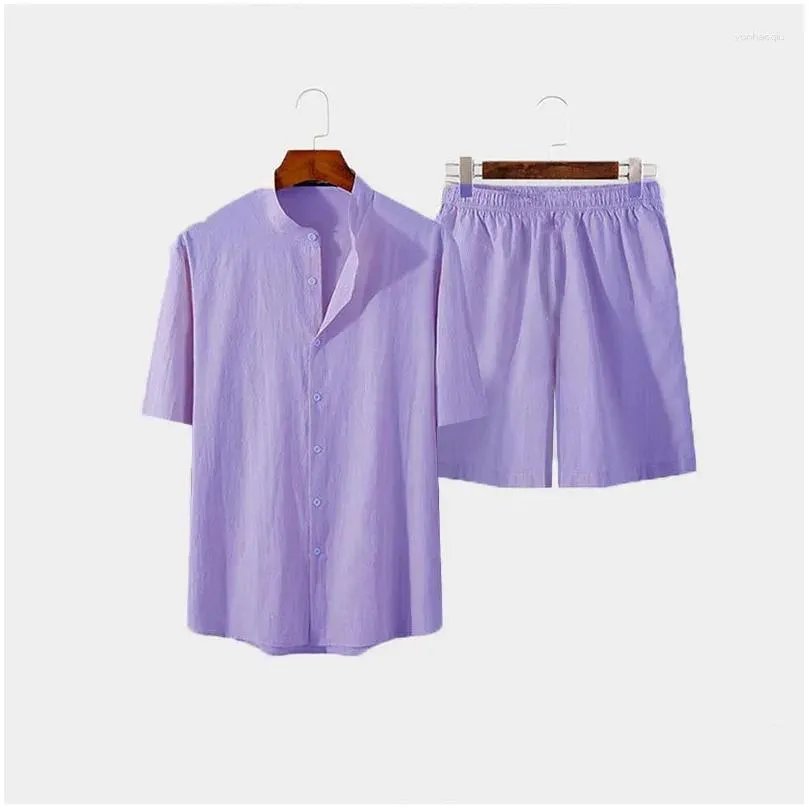 Men`s Tracksuits Hawaiian Set Summer Solid Color Stand Collar Short Sleeve Shirt&Beach Shorts Streetwear High Quality 2-Piece 2024