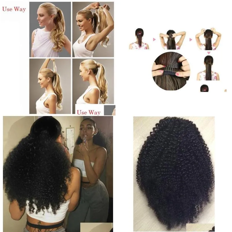 100 Brazilian Natural Hair Clip In Human Ponytail Hair Extensions Kinky Curly Drawstring ponytail afro Kinky curly pony tails