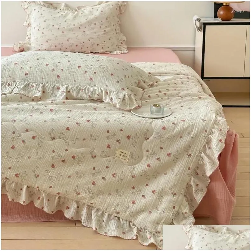 Blankets Ruffled Cotton Korean Baby Crib Bedding Set Rose Floral Print Muslin Duvet