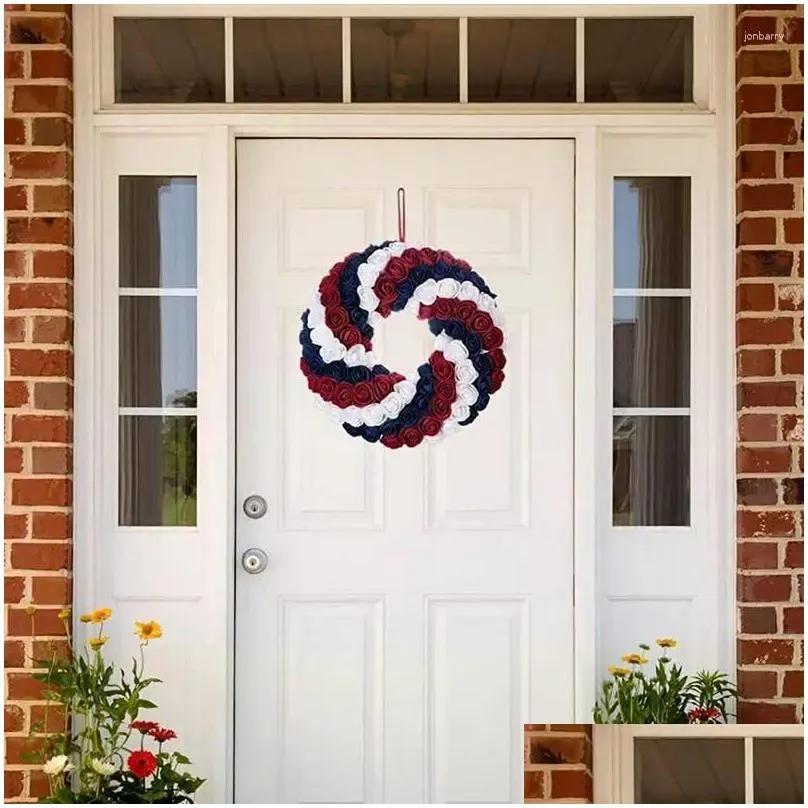 Decorative Flowers American Patriotic Independence Day Wreath Artificial Blue White Red Flower Hanging Garland For 4th July Door