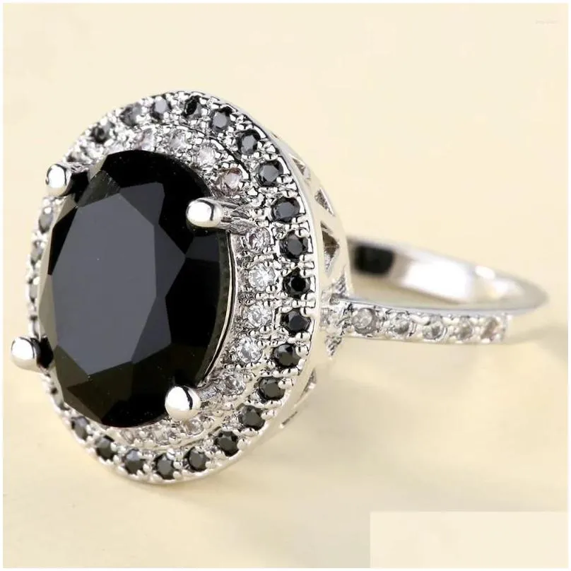 Cluster Rings HOYON Inlaid Black Gemstone Zircon Ring For Women 925 Sliver Color Wedding Jewelry Gem Two Tone Diamond