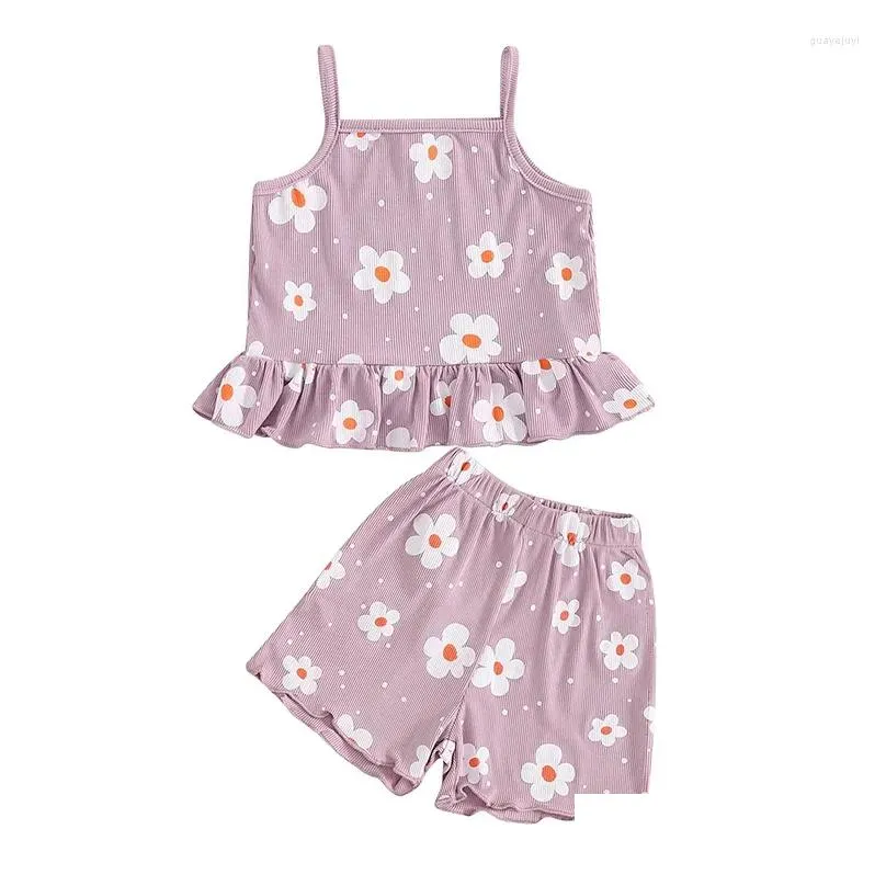 Clothing Sets 2Pcs Toddler Baby Girls Summer Clothes Floral Print Ruffled Sleveless Sling Crop Tops Elastic Waist Shorts Set