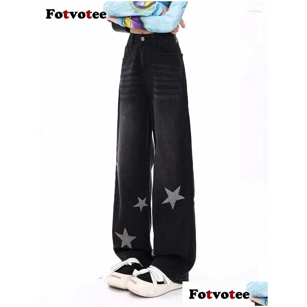 Women`s Jeans Fotvotee Baggy Women High Waisted Wide Leg Pants Y2k Streetwear Straight Full Length American Retro Casual Black Clothes