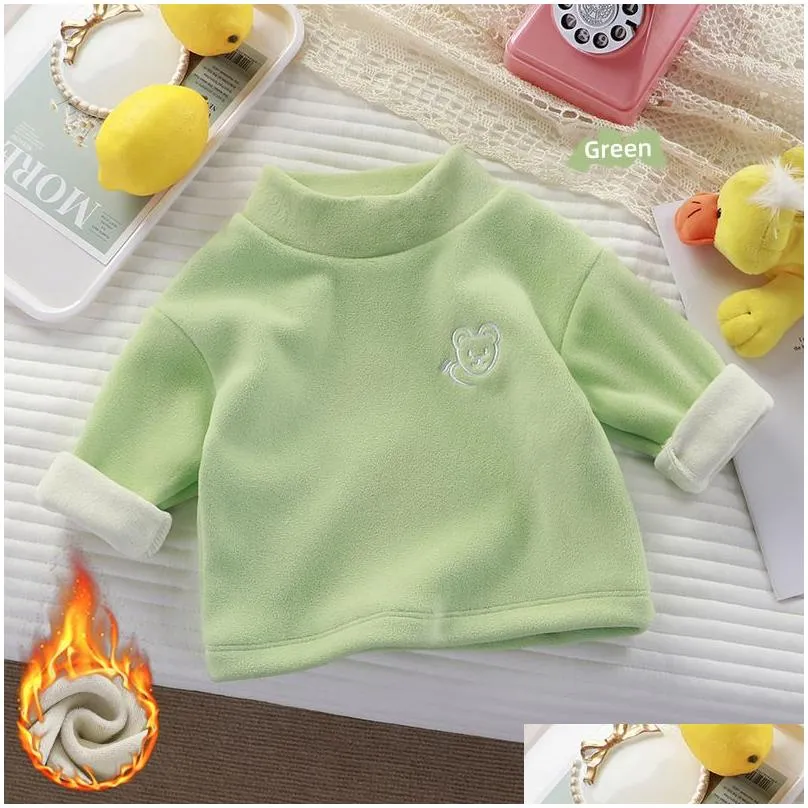 Children`s plush and thick base sweater for autumn and winter clothing. Baby half high collar with warm embroidered teddy bear hoodie for boys and