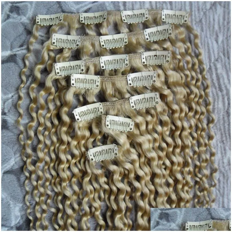 Blonde Kinky Curly Clip In Human Hair Extensions Brazilian Remy Hair 100 Human Hair 7 PiecesSet 100g Clip Ins3860308