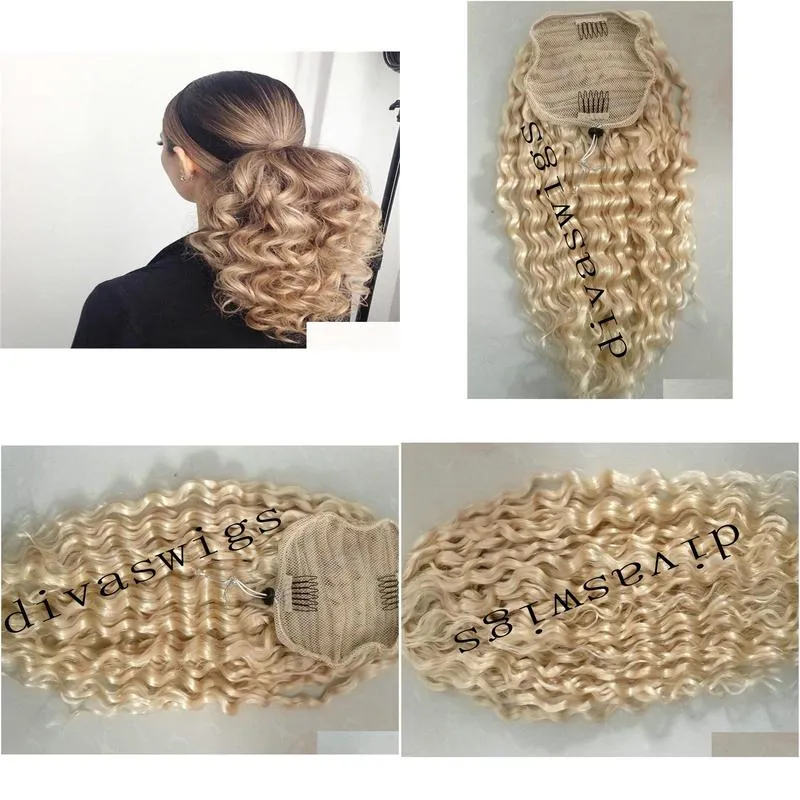 Beyonce ponytail hairstyle deep curly draw string extens raw virgin wraps pony tail hair piece 613 ponytail 100g120g140g7339535