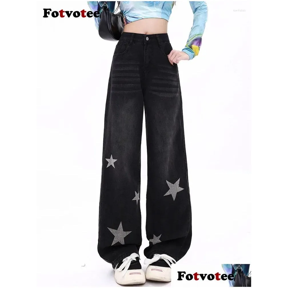 Women`s Jeans Fotvotee Baggy Women High Waisted Wide Leg Pants Y2k Streetwear Straight Full Length American Retro Casual Black Clothes