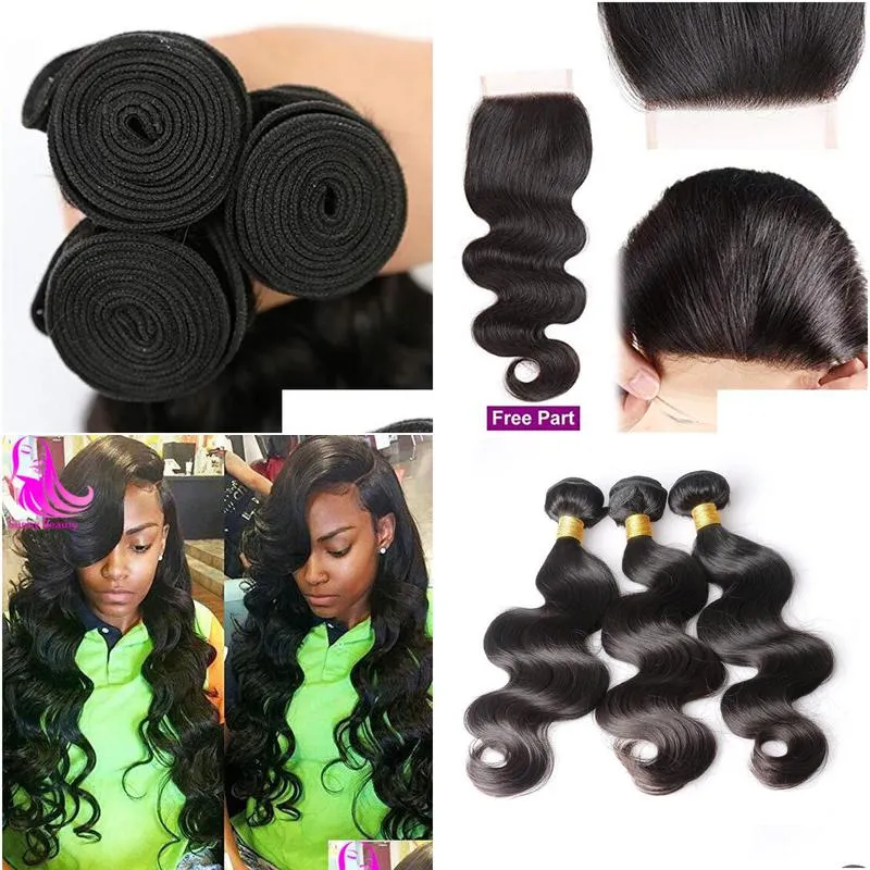 Brizilian Body Wave hair Bundles with 4x4 Closure 100 Unprocessed Short Human Hairs 3 Bundels and Closures Natural Color 100g8185230