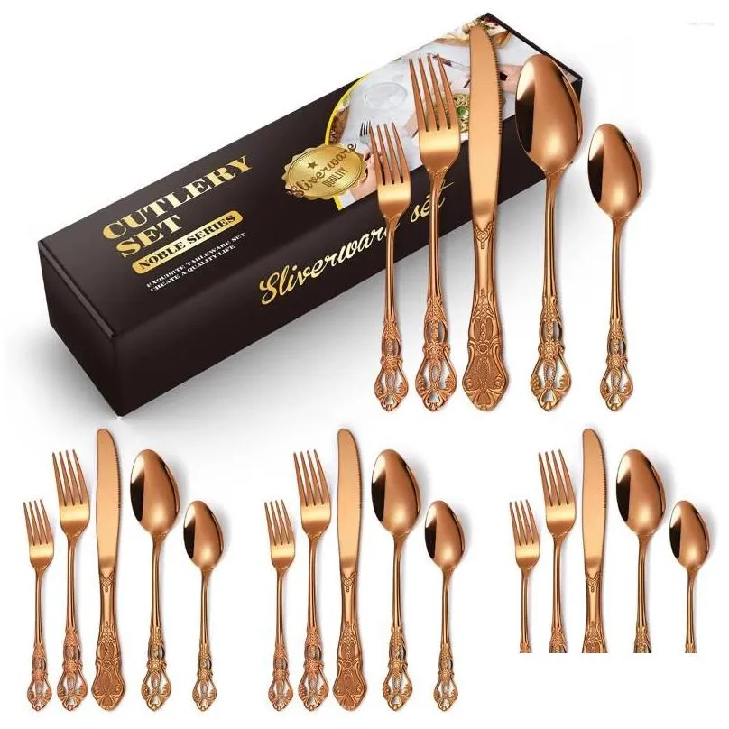 Dinnerware Sets 20pcs Cutlery Kit Retro Relief Stainless Steel Set For Christmas Gifts