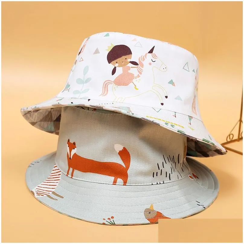 Designer Kids Bucket Hat Double Sided Wear Hats Boys Girls Fishing Hats Cotton Sun Hat Cartoon Style Summer Outdoor Hat