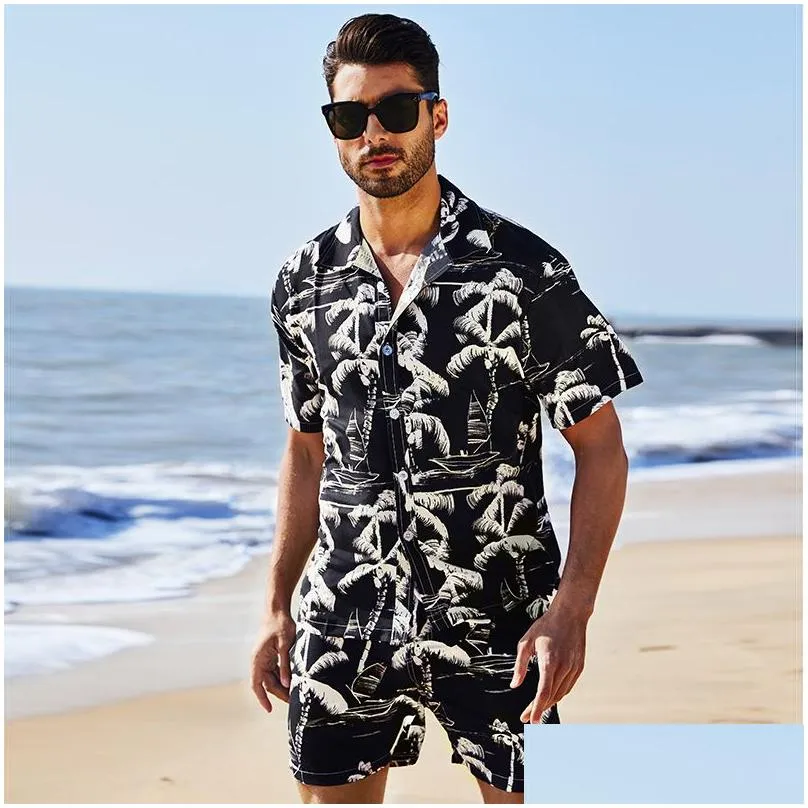 Men`s 2 Piece Hawaiian Shirts Outfits Tropical Print Short Sleeve Button Down Hawaiian Shirt and Shorts Set Plus Size S M L XL XXL