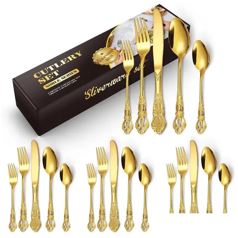 Dinnerware Sets 20pcs Cutlery Kit Retro Relief Stainless Steel Set For Christmas Gifts