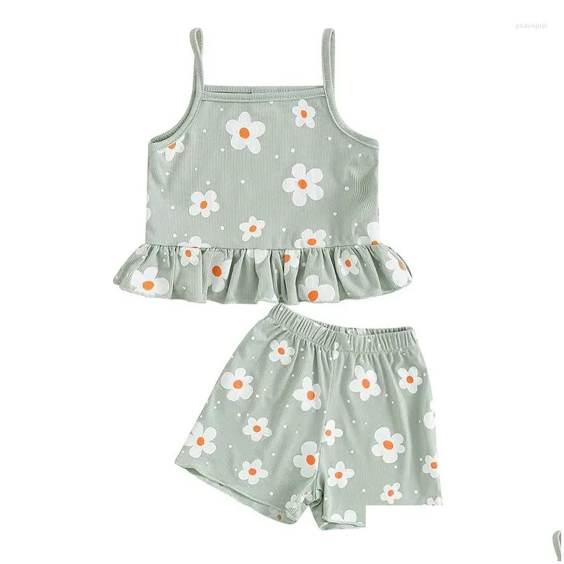 Clothing Sets 2Pcs Toddler Baby Girls Summer Clothes Floral Print Ruffled Sleveless Sling Crop Tops Elastic Waist Shorts Set