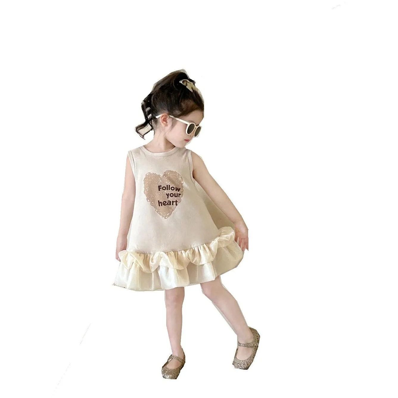 Girls letter love heart printed vest dresses kids splicing gauze falbala dress 2024 summer children princess clothing Z7612