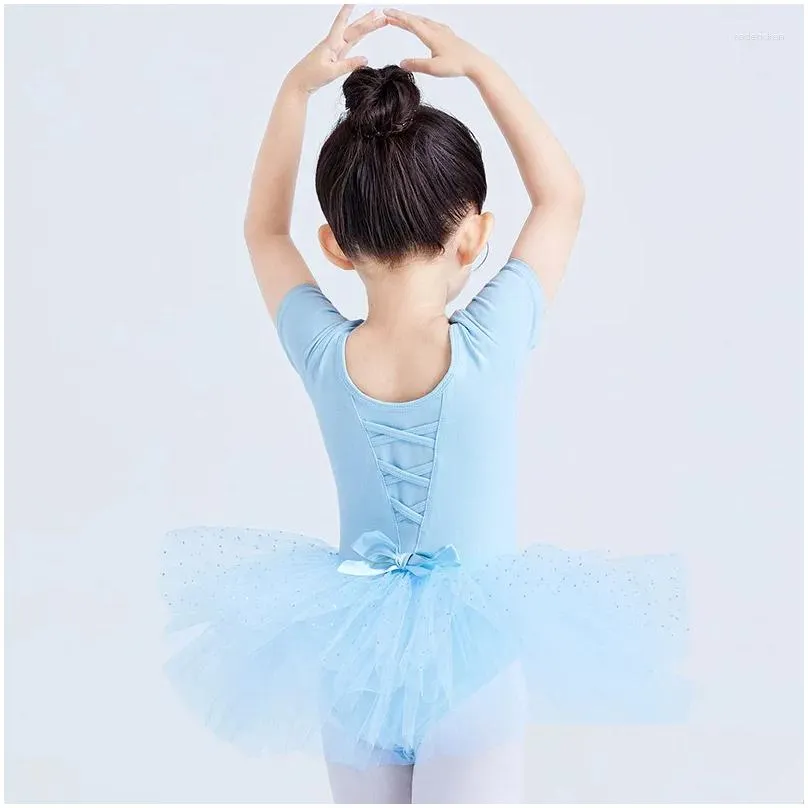Stage Wear 1pcs/lot Girls Ballet Dance Tutu Dress Kids Children Short Long Sleeves Tulle V Back Bowknot Leotard Costumes
