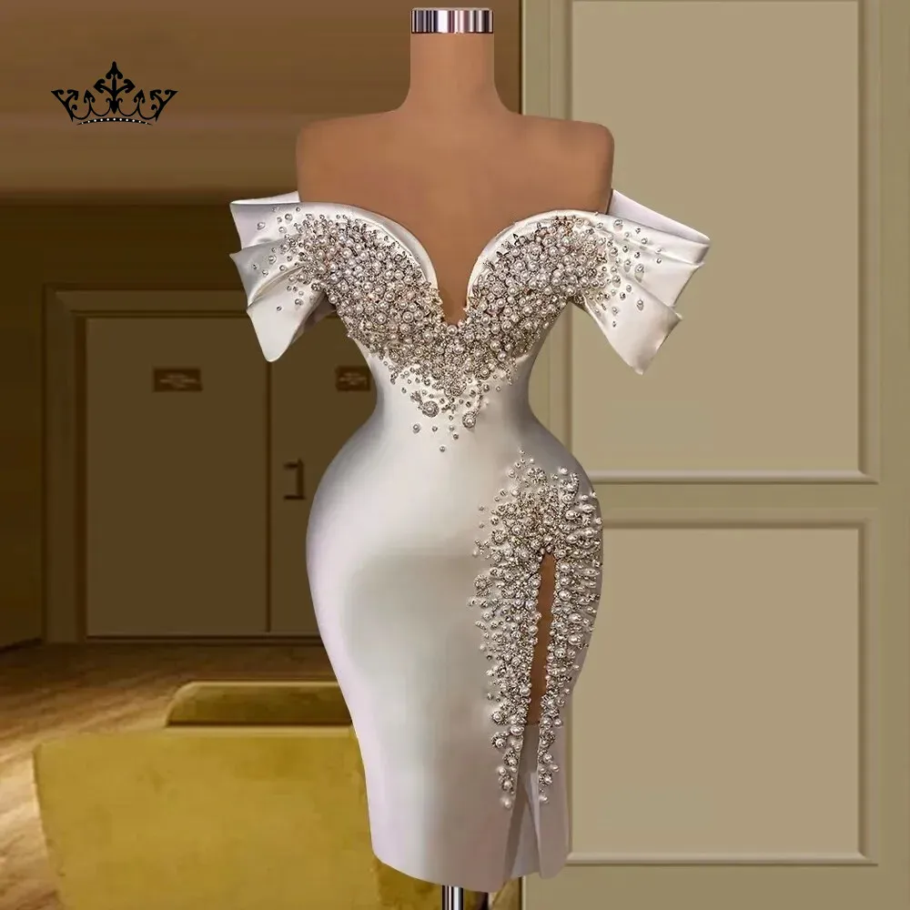 Luxury Sheath White Short Wedding dresses Dress Off Shoulder Beading Pearls Satin Formal Party Gowns Vestidos Longo Robes De Soiree