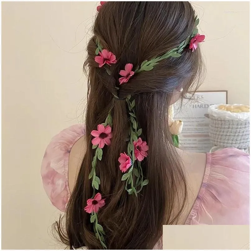 Hair Clips Daisies Flowers Green Leaf Rattan Headband For Women Sweet Summer Fashion Accessories Fairycore Hairwears Girls Gift