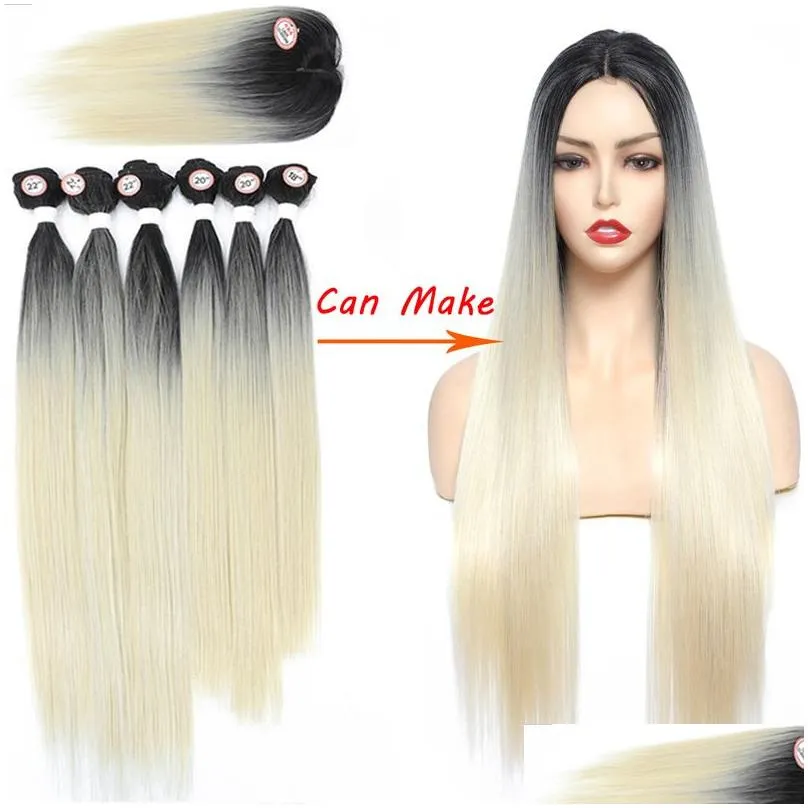 Synthetic Hair Closure Weaving Bundles Hair Ombre White Color Weave Bundles SOKU Nature Straight Hair Extensions 6 Bundles