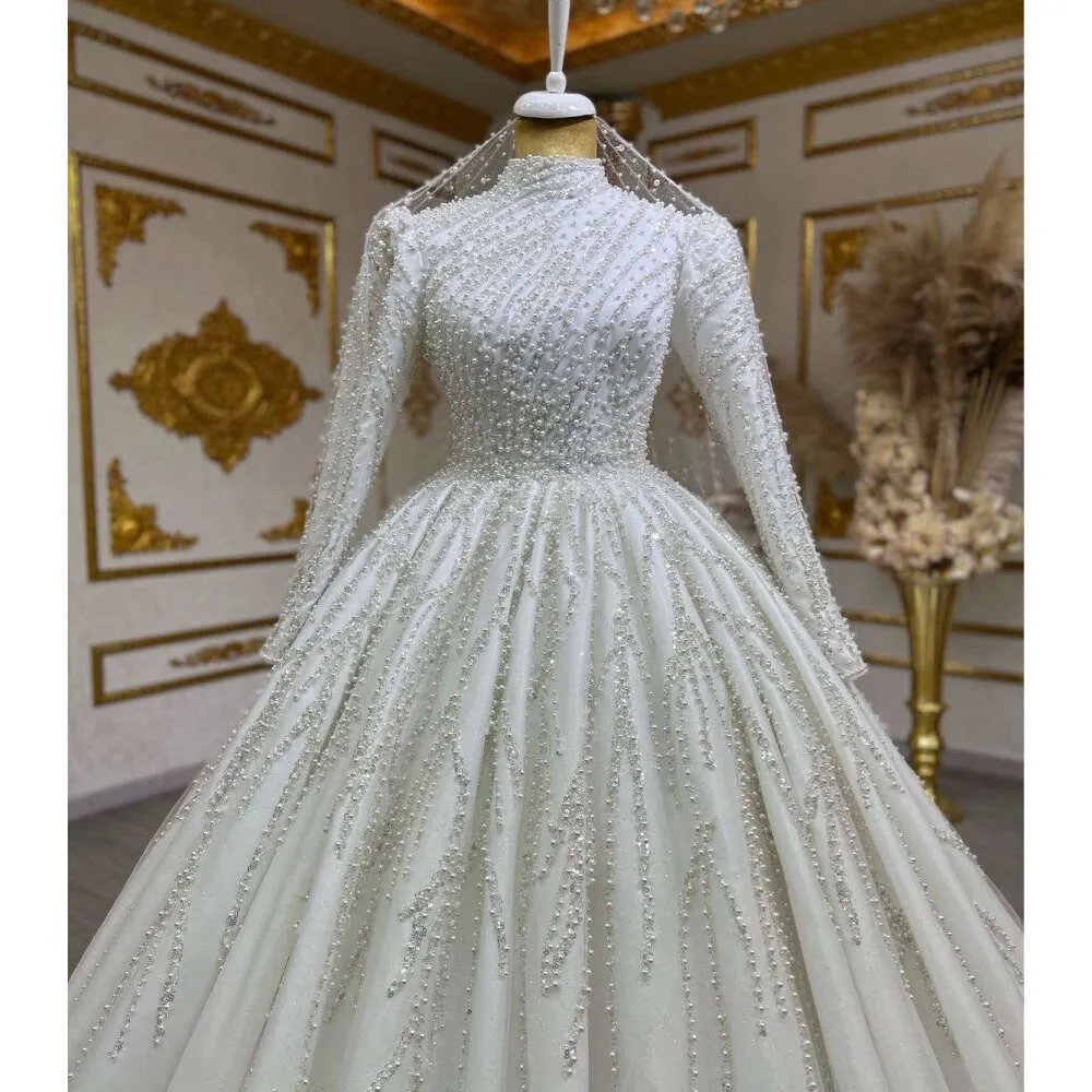 STEVDITG Pearls Bride Fashion High Collar Long Sleeves Beading Ball Gowns Elegant Chapel Train Wedding Dress 2023