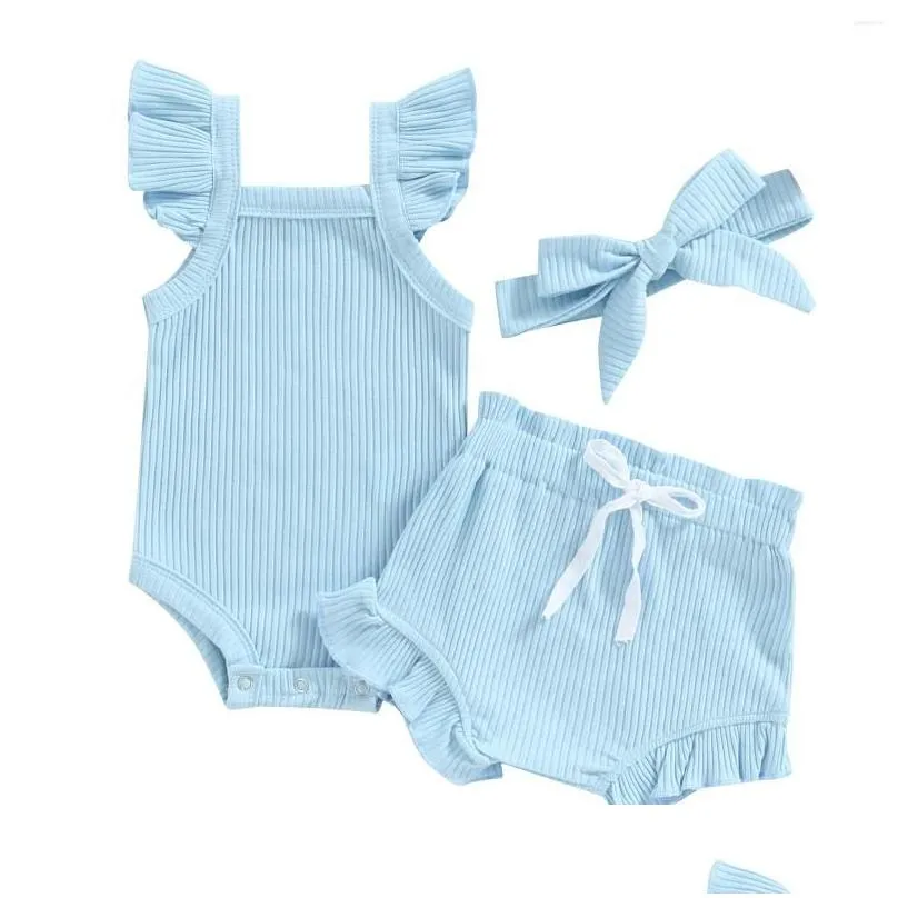 Clothing Sets VISgogo Baby Girls Clothes Set Sleeve Solid Color Romper Tops Drawstring Short Pants Headband 3PCS Summer Casual Outfits