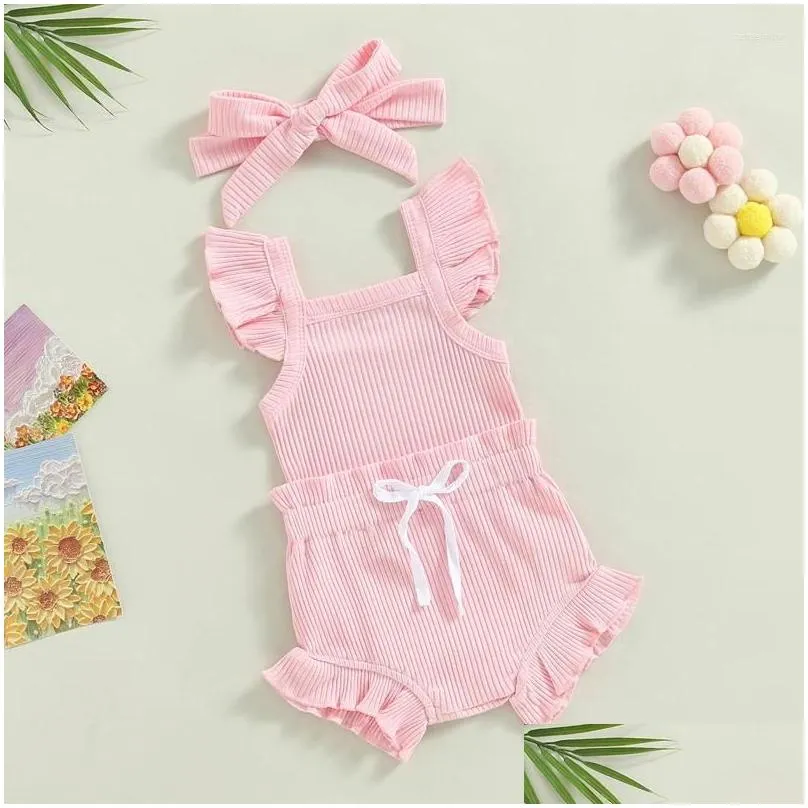 Clothing Sets VISgogo Baby Girls Clothes Set Sleeve Solid Color Romper Tops Drawstring Short Pants Headband 3PCS Summer Casual Outfits