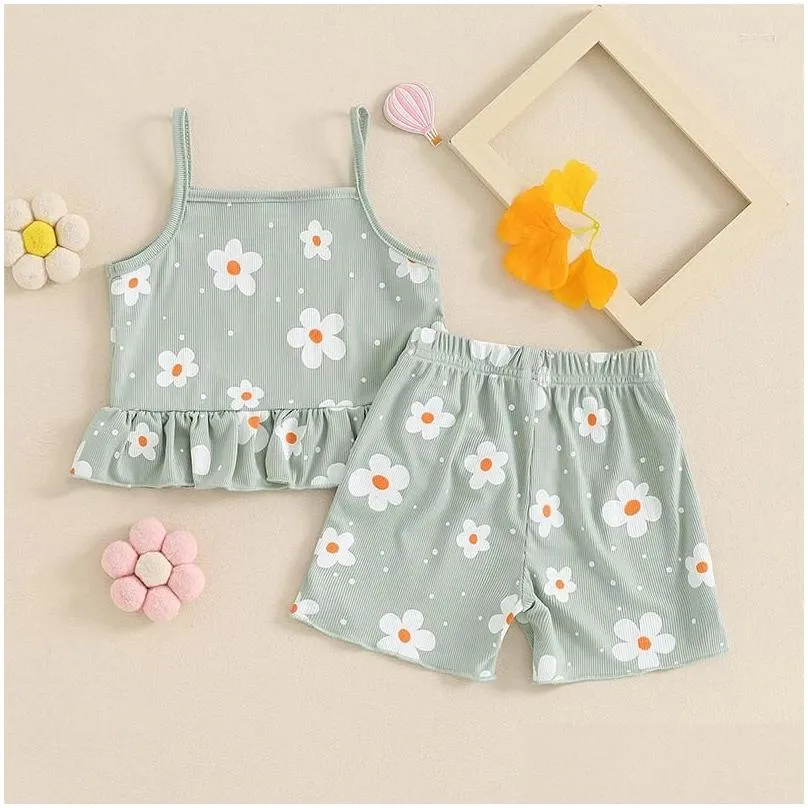 Clothing Sets 2Pcs Toddler Baby Girls Summer Clothes Floral Print Ruffled Sleveless Sling Crop Tops Elastic Waist Shorts Set