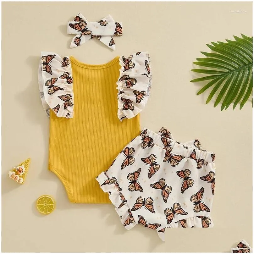Clothing Sets Born Baby Girl Summer Clothes Sleeve Ribbed Romper Butterfly Floral Shorts Headband 3Pcs Outfit