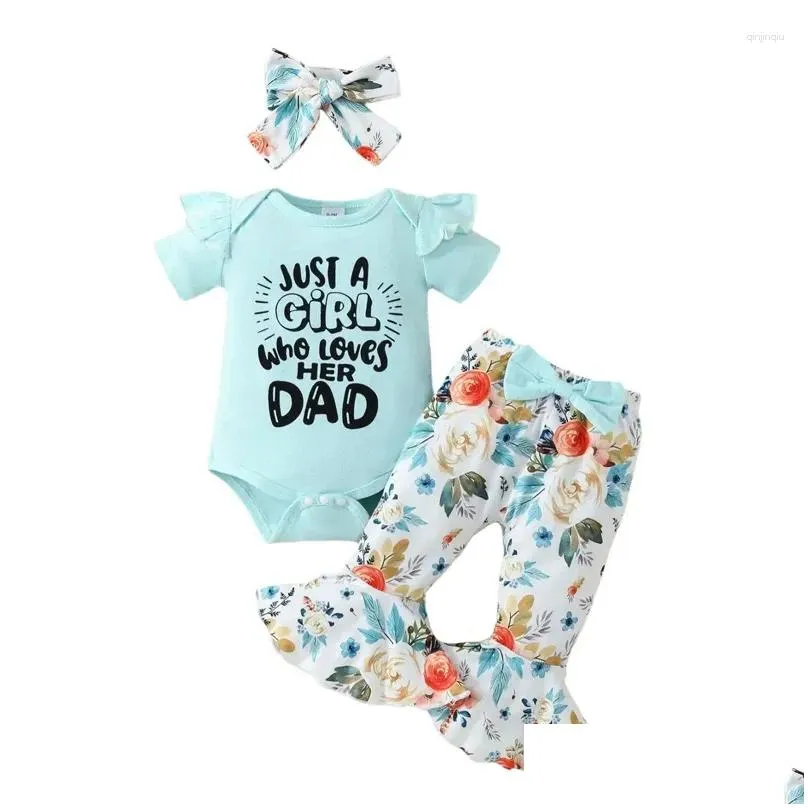 Clothing Sets Baby Girl Fathers Day Outfit Short Sleeve Romper Who Loves Her Dad Floral Flare Pant Set Headband
