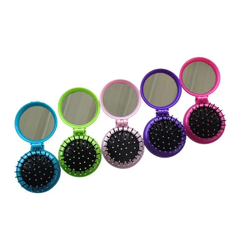 Colorful Girls Portable Mini Folding Comb Airbag Massage Round Travel Hair Brush With Mirror8823587