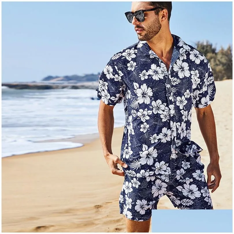 Men`s 2 Piece Hawaiian Shirts Outfits Tropical Print Short Sleeve Button Down Hawaiian Shirt and Shorts Set Plus Size S M L XL XXL