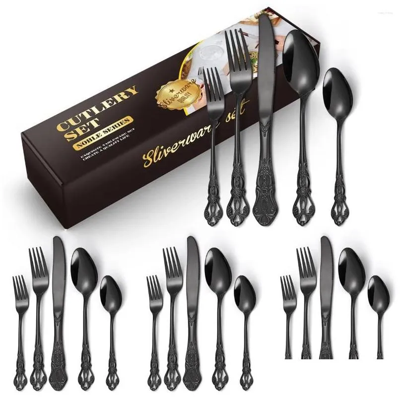 Dinnerware Sets 20pcs Cutlery Kit Retro Relief Stainless Steel Set For Christmas Gifts