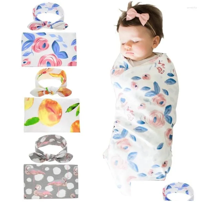 Blankets Born Baby Swaddling With Ear Headbands Floral Swaddle Wrap Blanket Hairband Set Cotton Cloth BHB18