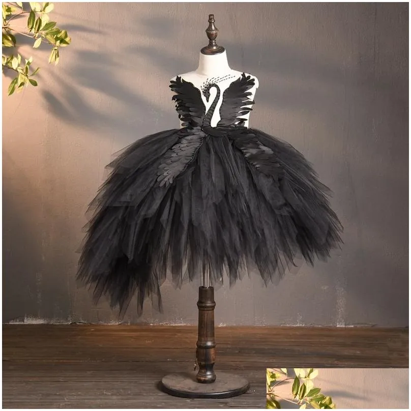 Black Flower Tulle Girl Dress Swan Crystal Tulle Princess Pageant Wedding Clothes Kids Birthday Party Dress Evening Ball Gown