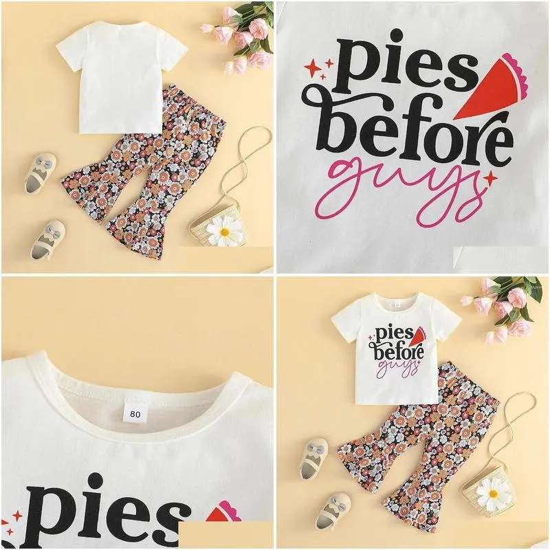Clothing Sets Toddler Girl Summer Outfits Letter Print Crew Neck Short Sleeve T-Shirts Flower Flare Pants 2Pcs Clothes Set