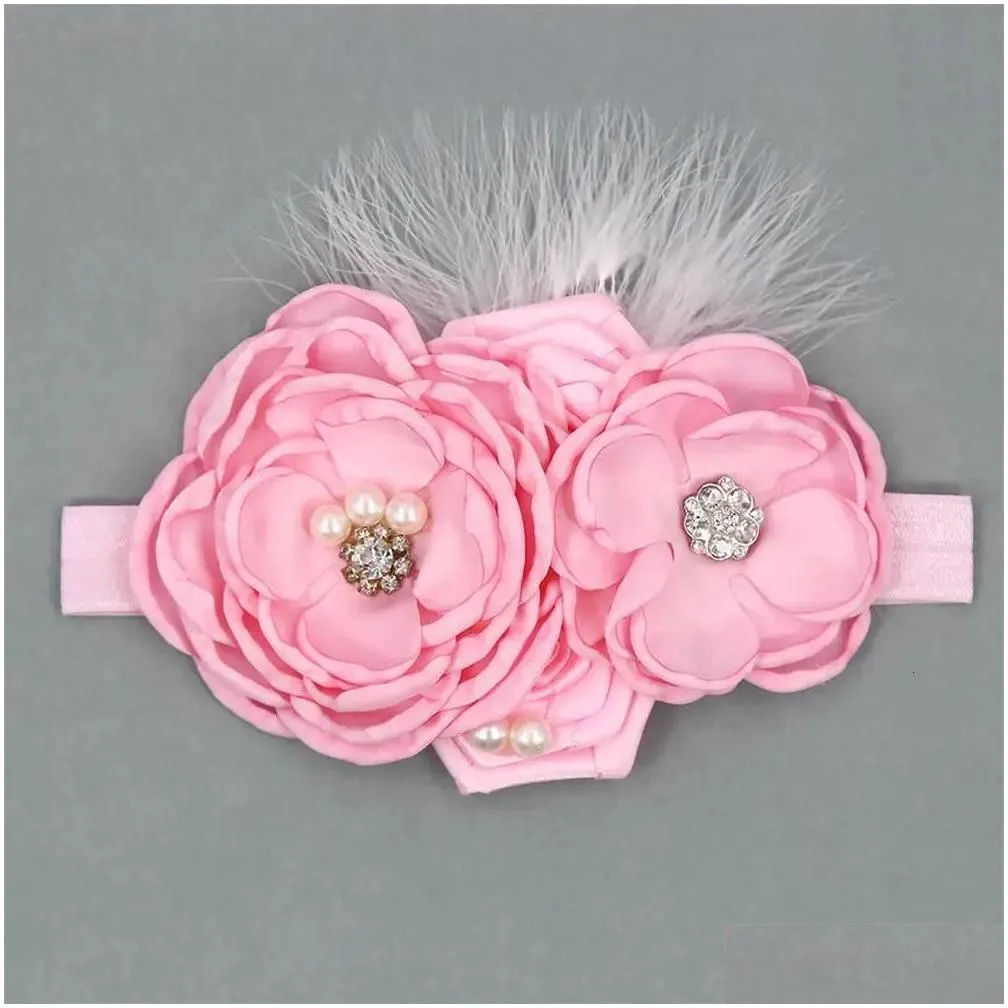 10 Pcs / Lot Feather Stain Flower Baby Girl Headband with Spandex Elastic Band Pearl Rhinestone Headwear Kids Hair Accessories 240328
