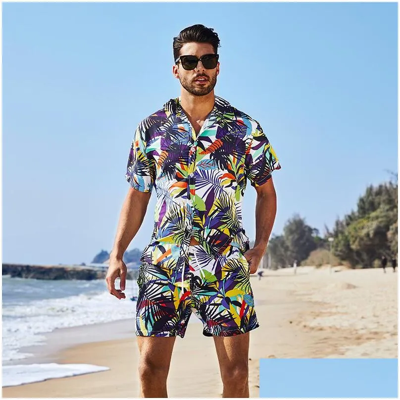 Men`s 2 Piece Hawaiian Shirts Outfits Tropical Print Short Sleeve Button Down Hawaiian Shirt and Shorts Set Plus Size S M L XL XXL