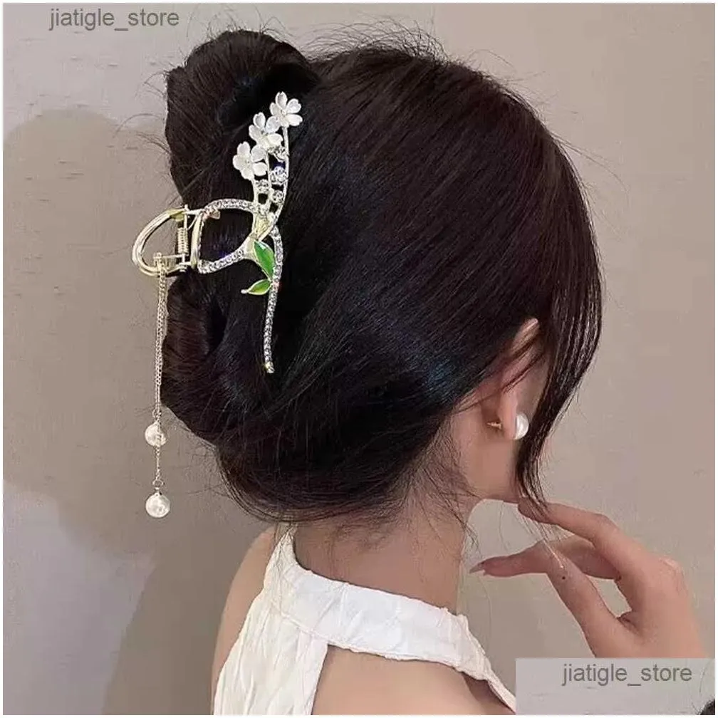 Hair Clips Haimeikang Rhinestone Tassel Hair Claw Golden Bow Flower Hair Clip Hairpin For Women Elegan Ponytail Fashion Hair Accessories