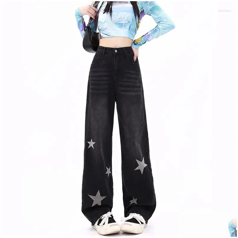 Women`s Jeans Fotvotee Baggy Women High Waisted Wide Leg Pants Y2k Streetwear Straight Full Length American Retro Casual Black Clothes