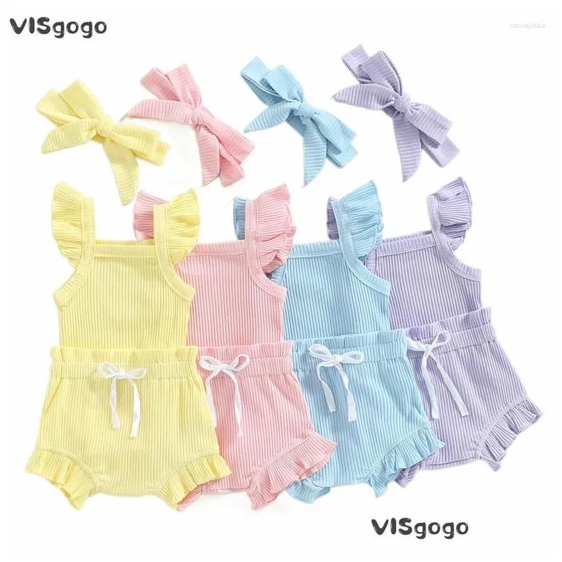 Clothing Sets VISgogo Baby Girls Clothes Set Sleeve Solid Color Romper Tops Drawstring Short Pants Headband 3PCS Summer Casual Outfits