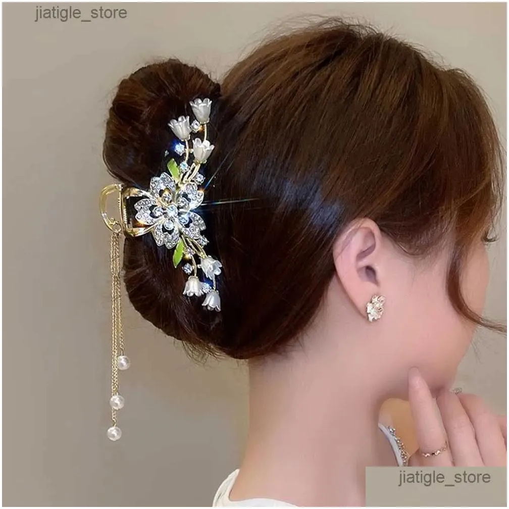 Hair Clips Haimeikang Rhinestone Tassel Hair Claw Golden Bow Flower Hair Clip Hairpin For Women Elegan Ponytail Fashion Hair Accessories