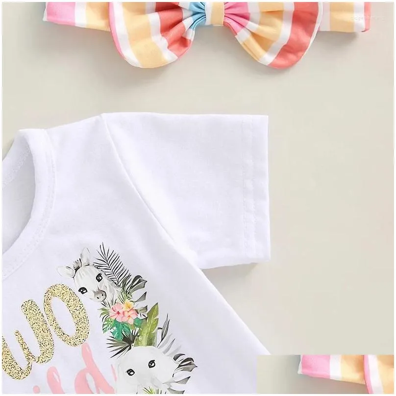 Clothing Sets Baby Girls Shorts Set Letters Animal Print Tasseled T-shirt With Striped And Bowknot Hairband Summer Outfit